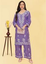 Rayon Purple Traditional Wear Chikankari Work Readymade Kurti With Plazzo